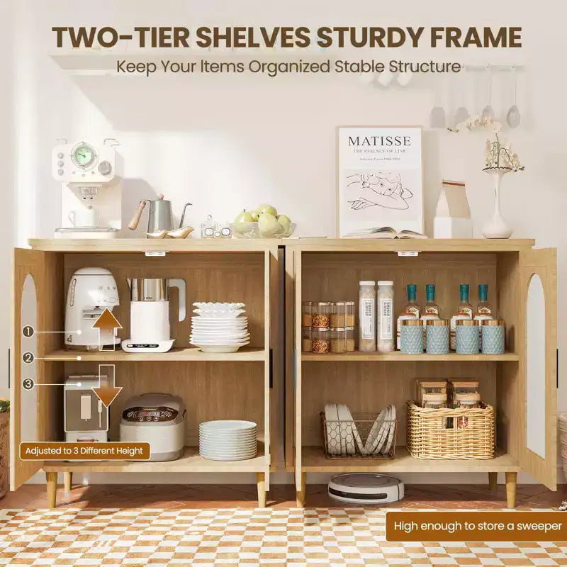 Buffet bas Boho en rotin à 2 portes, buffet en bois avec étagères réglables et rangement, armoire multi-usages pour cuisine, salon, salle à manger