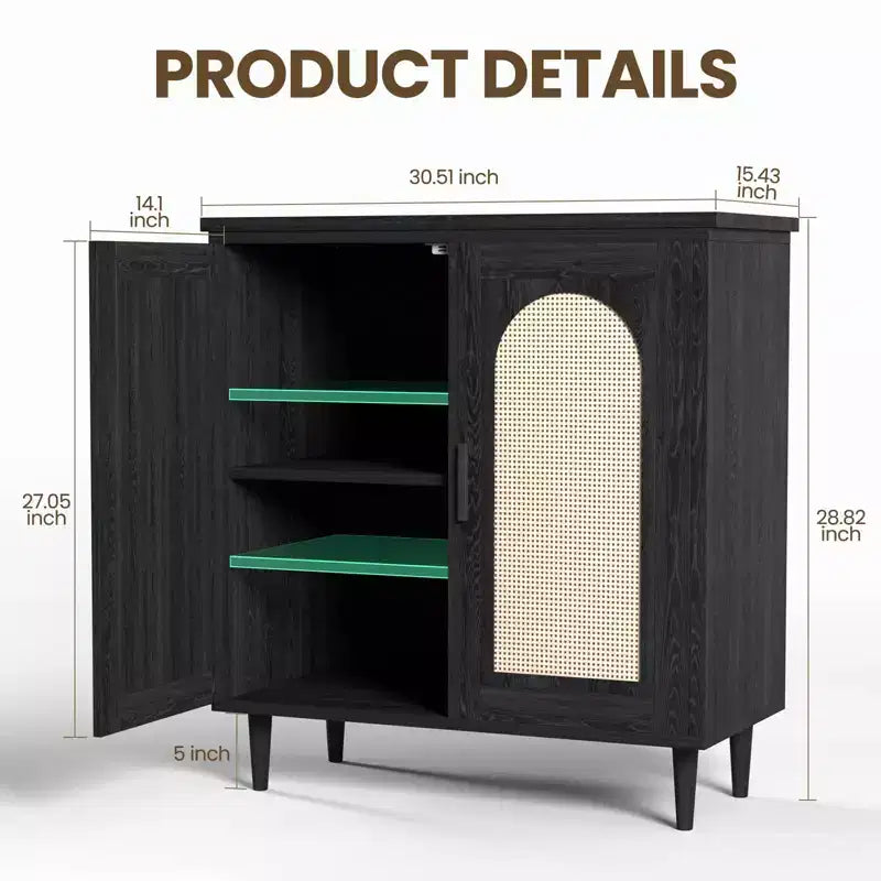 Buffet bas Boho en rotin à 2 portes, buffet en bois avec étagères réglables et rangement, armoire multi-usages pour cuisine, salon, salle à manger