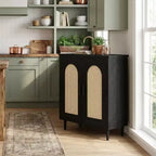 Buffet bas Boho en rotin à 2 portes, buffet en bois avec étagères réglables et rangement, armoire multi-usages pour cuisine, salon, salle à manger