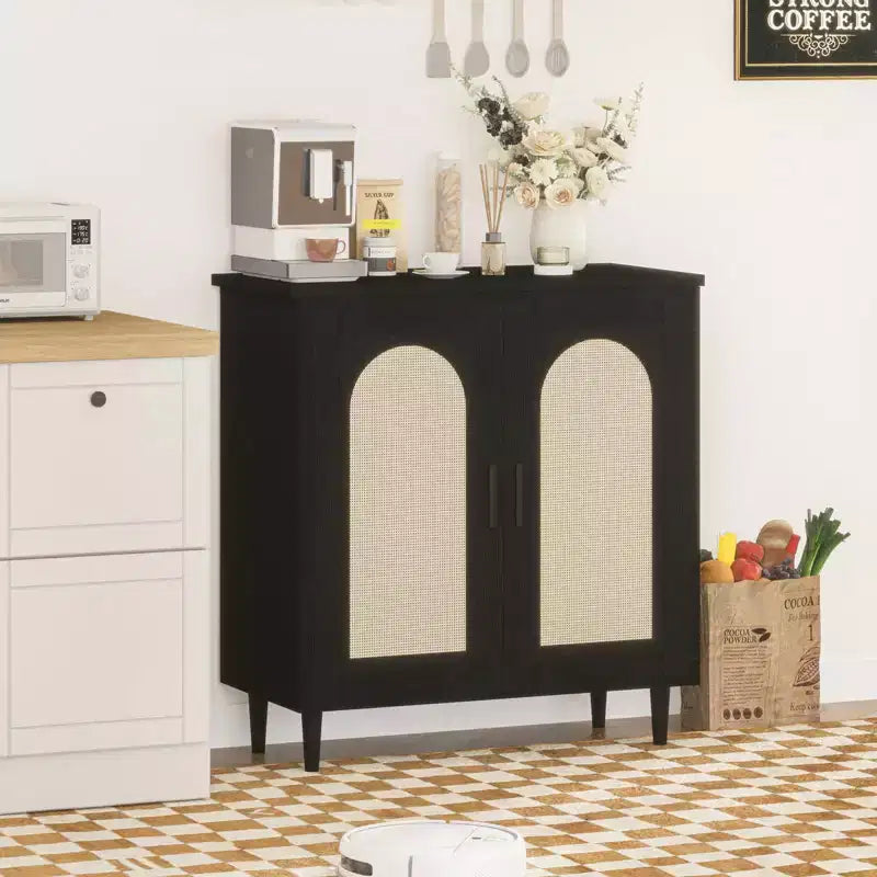Buffet bas Boho en rotin à 2 portes, buffet en bois avec étagères réglables et rangement, armoire multi-usages pour cuisine, salon, salle à manger