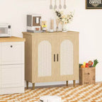 Buffet bas Boho en rotin à 2 portes, buffet en bois avec étagères réglables et rangement, armoire multi-usages pour cuisine, salon, salle à manger
