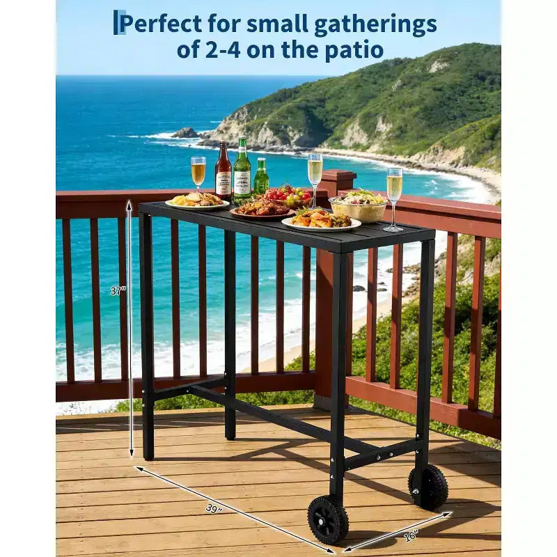 Table de bar roulante d'extérieur 39" avec roues et pieds réglables, table en métal hauteur comptoir pour terrasse, balcon, jardin et usage intérieur, noire