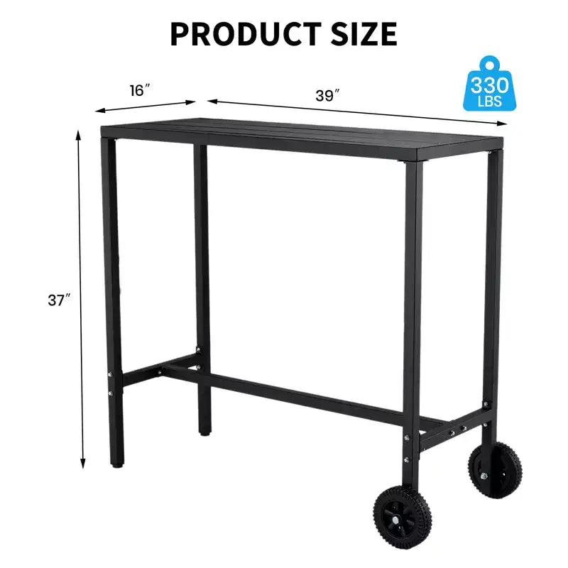 Table de bar roulante d'extérieur 39" avec roues et pieds réglables, table en métal hauteur comptoir pour terrasse, balcon, jardin et usage intérieur, noire