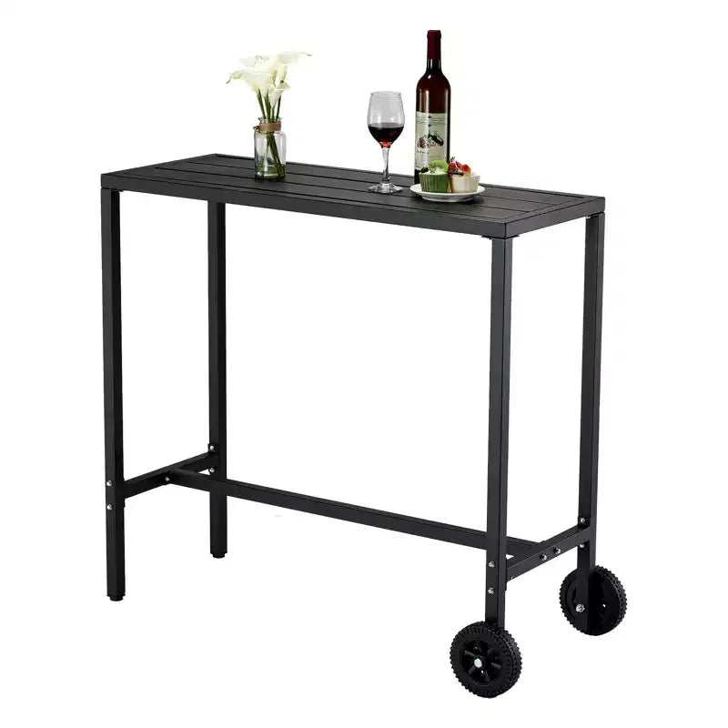 Table de bar roulante d'extérieur 39" avec roues et pieds réglables, table en métal hauteur comptoir pour terrasse, balcon, jardin et usage intérieur, noire