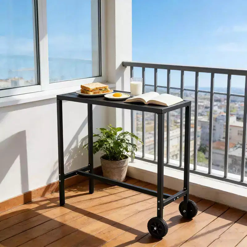 Table de bar roulante d'extérieur 39" avec roues et pieds réglables, table en métal hauteur comptoir pour terrasse, balcon, jardin et usage intérieur, noire