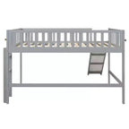 Bellemave Lit mezzanine bas pleine taille avec toboggan et échelle verticale, cadre en bois massif, design peu encombrant pour enfants, gris