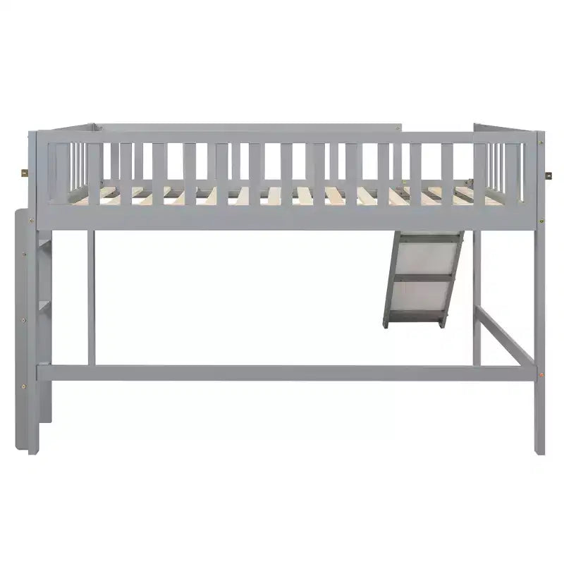 Bellemave Lit mezzanine bas pleine taille avec toboggan et échelle verticale, cadre en bois massif, design peu encombrant pour enfants, gris