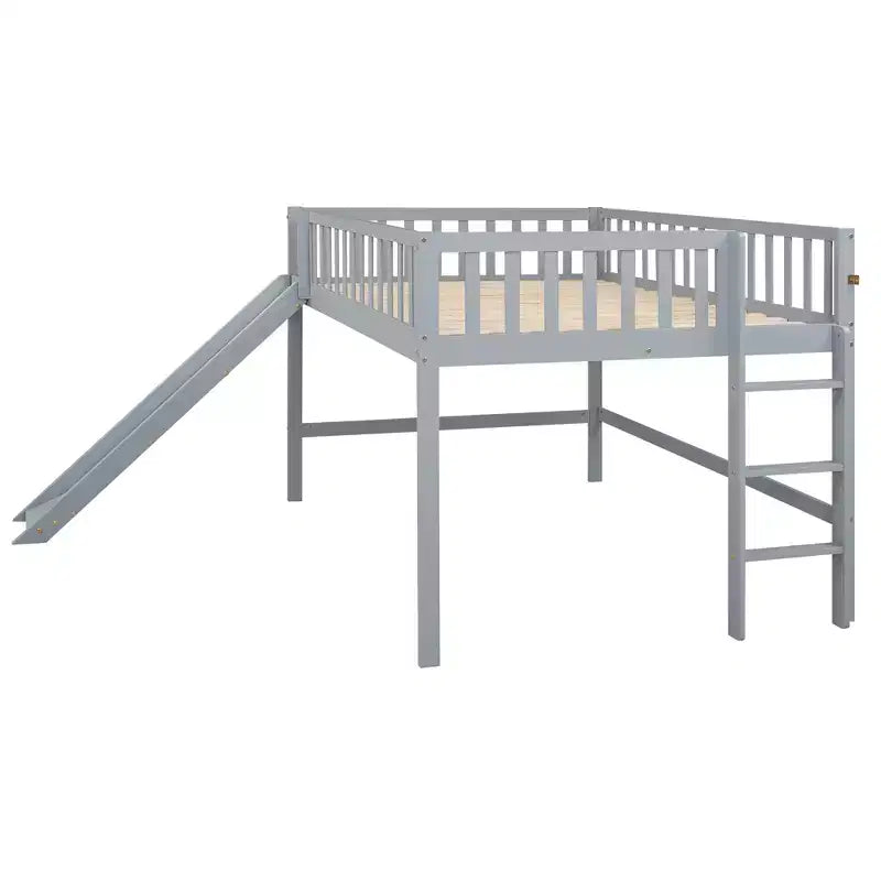 Bellemave Lit mezzanine bas pleine taille avec toboggan et échelle verticale, cadre en bois massif, design peu encombrant pour enfants, gris