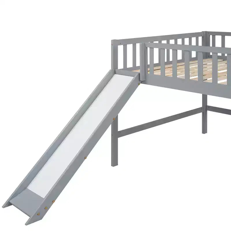 Bellemave Lit mezzanine bas pleine taille avec toboggan et échelle verticale, cadre en bois massif, design peu encombrant pour enfants, gris