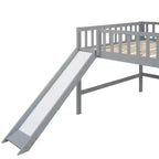 Bellemave Lit mezzanine bas pleine taille avec toboggan et échelle verticale, cadre en bois massif, design peu encombrant pour enfants, gris