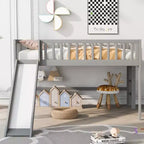 Bellemave Lit mezzanine bas pleine taille avec toboggan et échelle verticale, cadre en bois massif, design peu encombrant pour enfants, gris