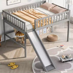 Bellemave Lit mezzanine bas pleine taille avec toboggan et échelle verticale, cadre en bois massif, design peu encombrant pour enfants, gris