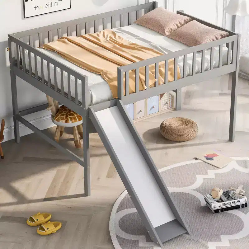 Bellemave Lit mezzanine bas pleine taille avec toboggan et échelle verticale, cadre en bois massif, design peu encombrant pour enfants, gris