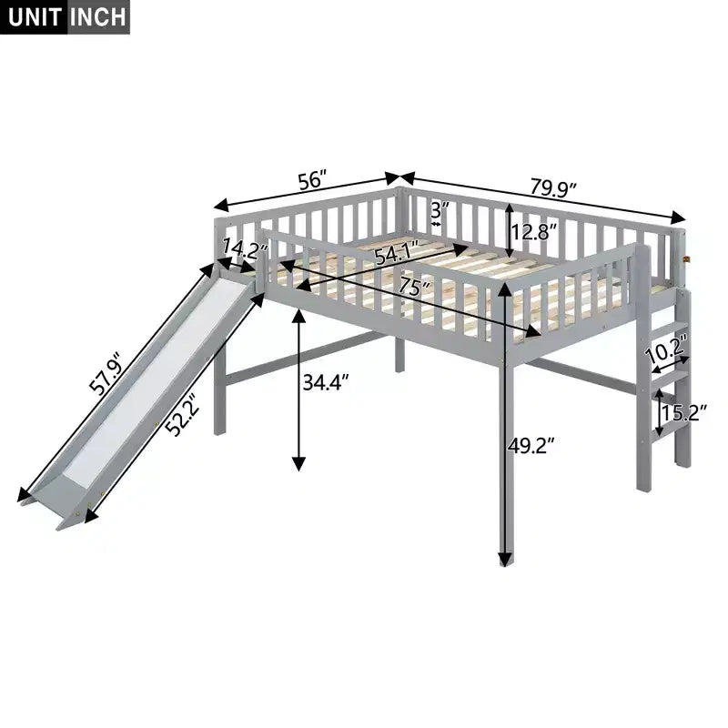 Bellemave Lit mezzanine bas pleine taille avec toboggan et échelle verticale, cadre en bois massif, design peu encombrant pour enfants, gris