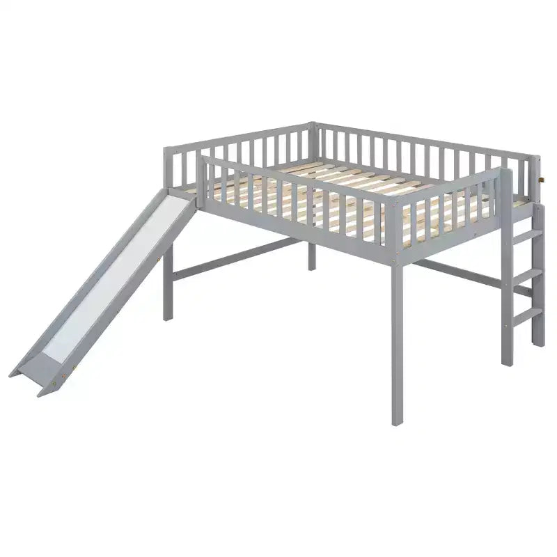 Bellemave Lit mezzanine bas pleine taille avec toboggan et échelle verticale, cadre en bois massif, design peu encombrant pour enfants, gris