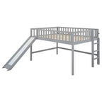 Bellemave Lit mezzanine bas pleine taille avec toboggan et échelle verticale, cadre en bois massif, design peu encombrant pour enfants, gris