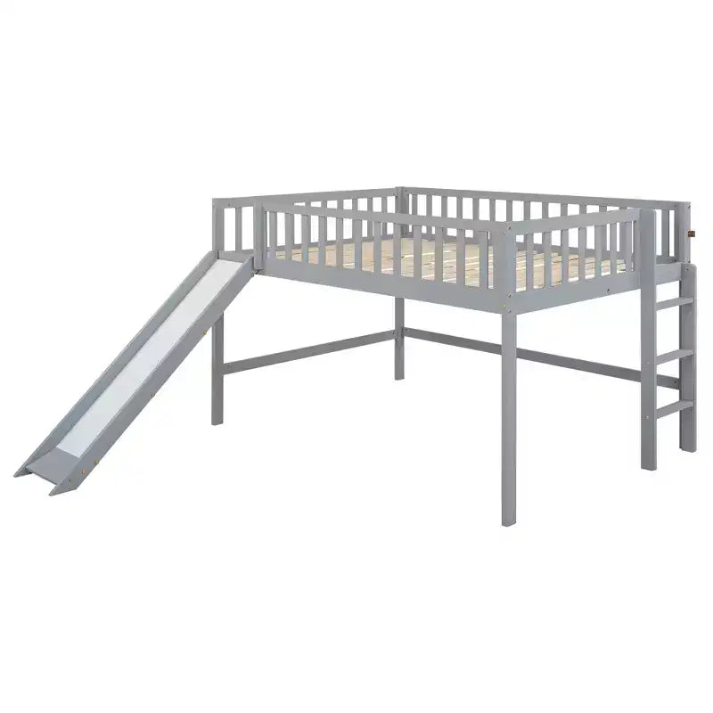 Bellemave Lit mezzanine bas pleine taille avec toboggan et échelle verticale, cadre en bois massif, design peu encombrant pour enfants, gris