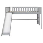 Bellemave Lit mezzanine bas pleine taille avec toboggan et échelle verticale, cadre en bois massif, design peu encombrant pour enfants, gris