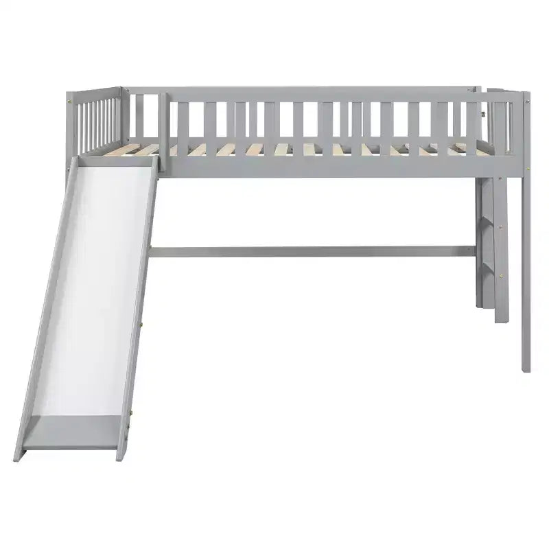 Bellemave Lit mezzanine bas pleine taille avec toboggan et échelle verticale, cadre en bois massif, design peu encombrant pour enfants, gris