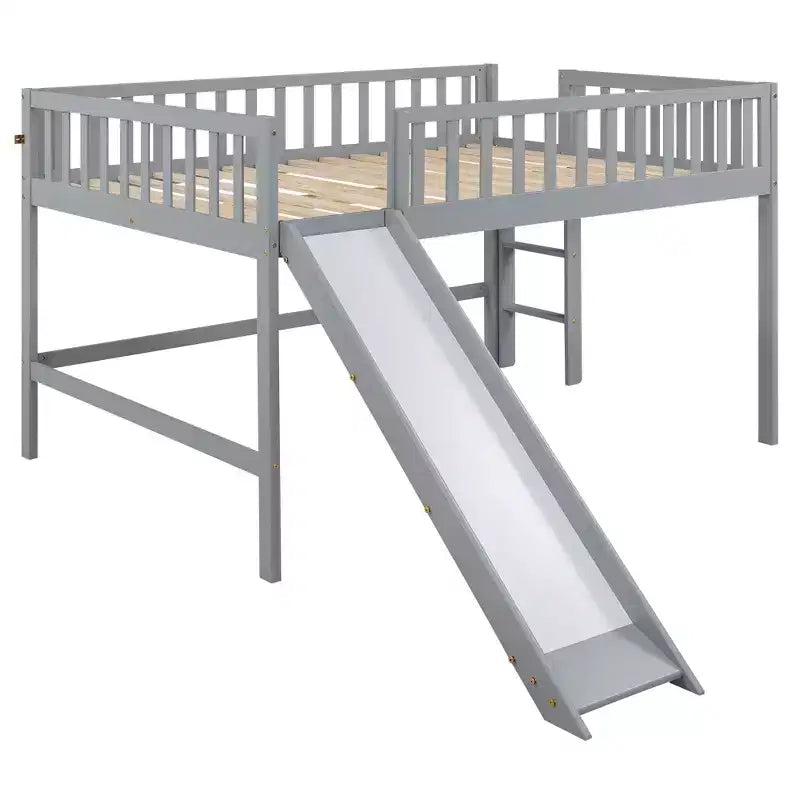 Bellemave Lit mezzanine bas pleine taille avec toboggan et échelle verticale, cadre en bois massif, design peu encombrant pour enfants, gris
