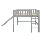Bellemave Lit mezzanine bas pleine taille avec toboggan et échelle verticale, cadre en bois massif, design peu encombrant pour enfants, gris