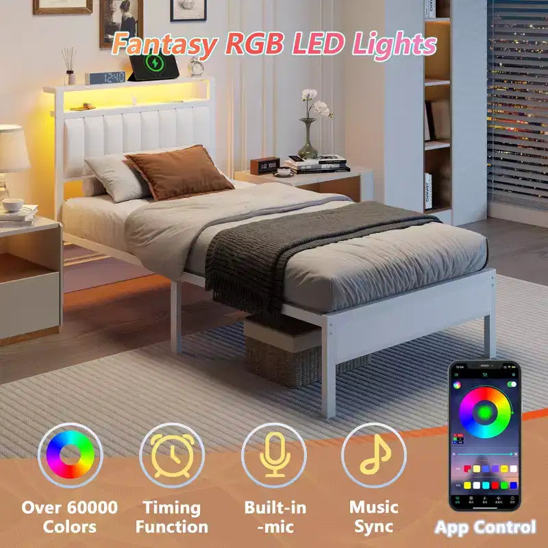 Cadre de lit double moderne blanc avec station de recharge, lumières LED, tête de lit de rangement, lit plateforme rembourré, pas besoin de sommier tapissier, chambre d'adolescent gamer