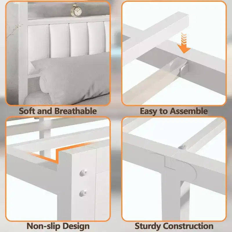 Cadre de lit double moderne blanc avec station de recharge, lumières LED, tête de lit de rangement, lit plateforme rembourré, pas besoin de sommier tapissier, chambre d'adolescent gamer