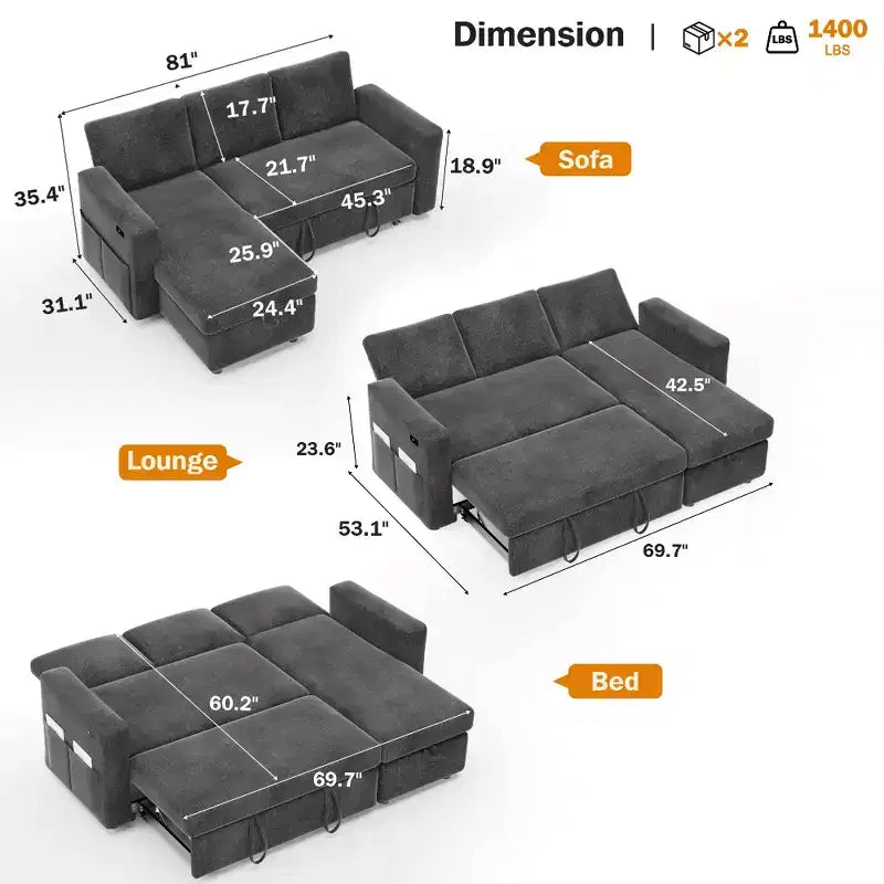 Canapé convertible Dyonery - Canapé-lit 2-en-1 avec rangement et méridienne, canapé sectionnel en chenille avec ports USB, assemblage sans outils