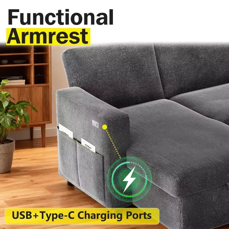 Canapé convertible Dyonery - Canapé-lit 2-en-1 avec rangement et méridienne, canapé sectionnel en chenille avec ports USB, assemblage sans outils