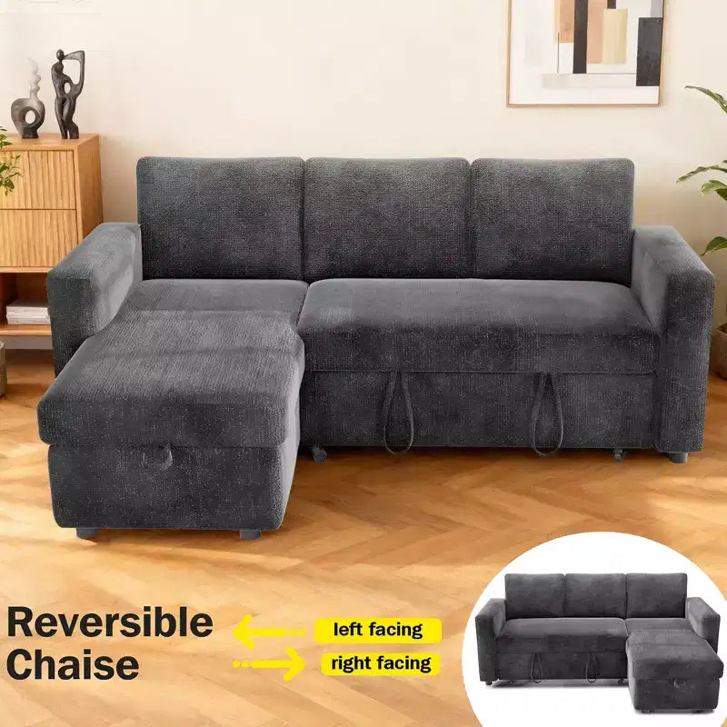 Canapé convertible Dyonery - Canapé-lit 2-en-1 avec rangement et méridienne, canapé sectionnel en chenille avec ports USB, assemblage sans outils