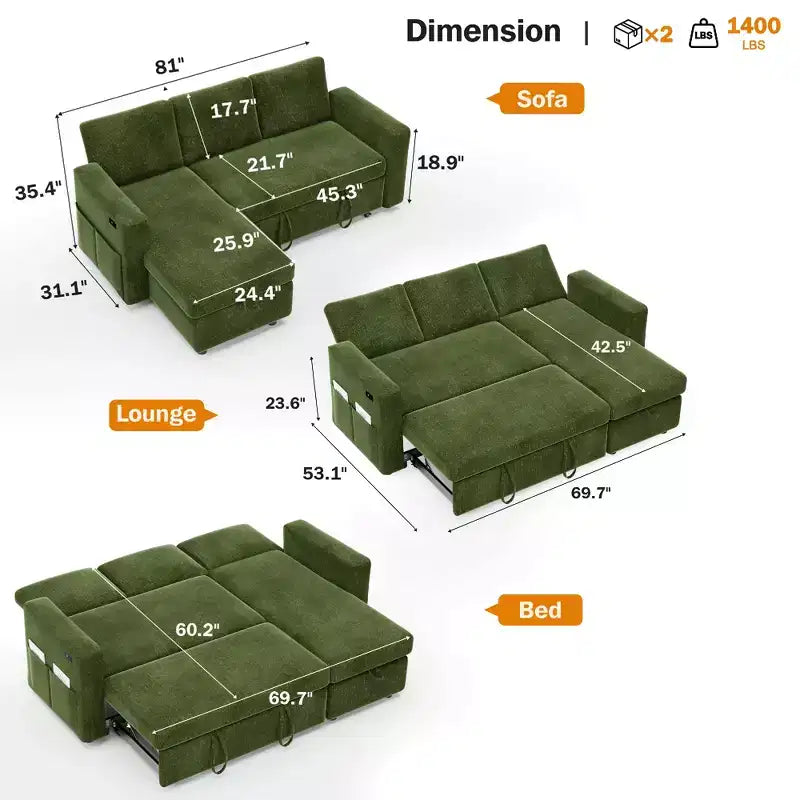 Canapé convertible Dyonery - Canapé-lit 2-en-1 avec rangement et méridienne, canapé sectionnel en chenille avec ports USB, assemblage sans outils