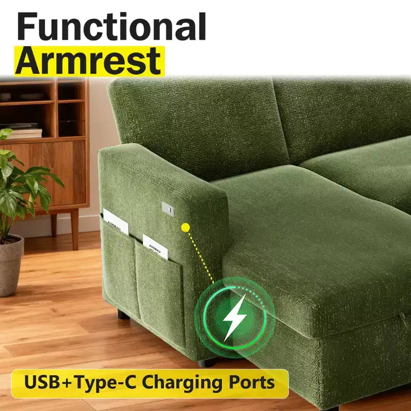 Canapé convertible Dyonery - Canapé-lit 2-en-1 avec rangement et méridienne, canapé sectionnel en chenille avec ports USB, assemblage sans outils