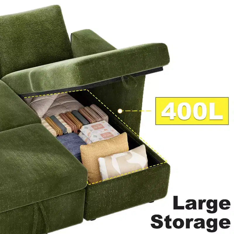 Canapé convertible Dyonery - Canapé-lit 2-en-1 avec rangement et méridienne, canapé sectionnel en chenille avec ports USB, assemblage sans outils