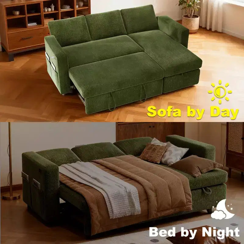 Canapé convertible Dyonery - Canapé-lit 2-en-1 avec rangement et méridienne, canapé sectionnel en chenille avec ports USB, assemblage sans outils