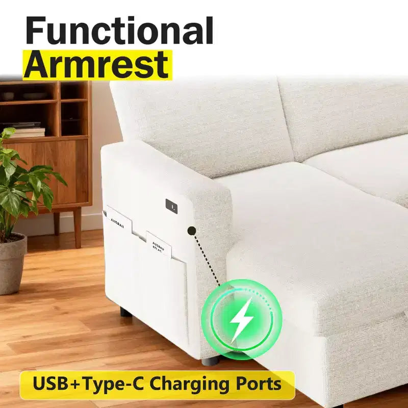 Canapé convertible Dyonery - Canapé-lit 2-en-1 avec rangement et méridienne, canapé sectionnel en chenille avec ports USB, assemblage sans outils