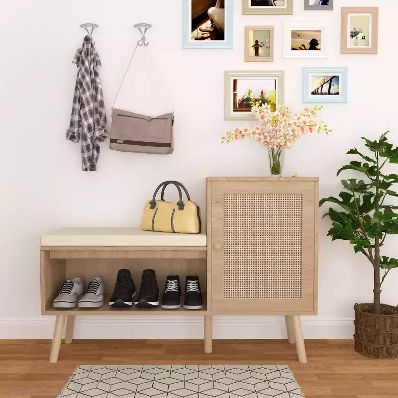 2-in-1 Modern Entryway Shoe Storage Bench with PP Rattan Cabinet, 2 Adjustable Shelves, Removable Cushion for Small Spaces-Panipeachy