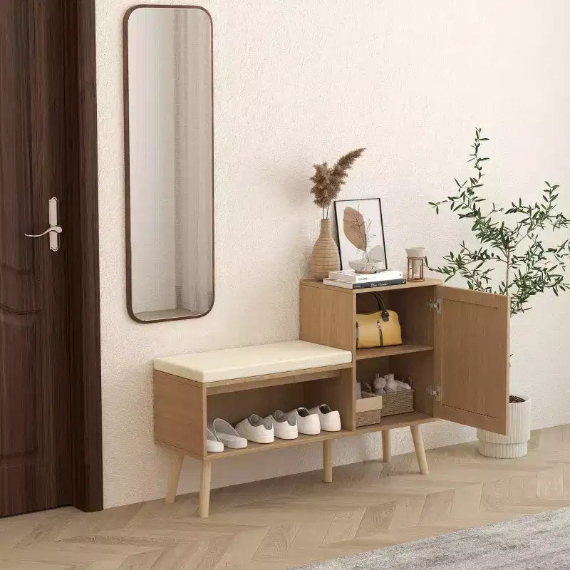 Banc de rangement à chaussures 2-en-1 moderne pour entrée avec meuble en rotin PP, 2 étagères réglables, coussin amovible pour petits espaces-Panipeachy