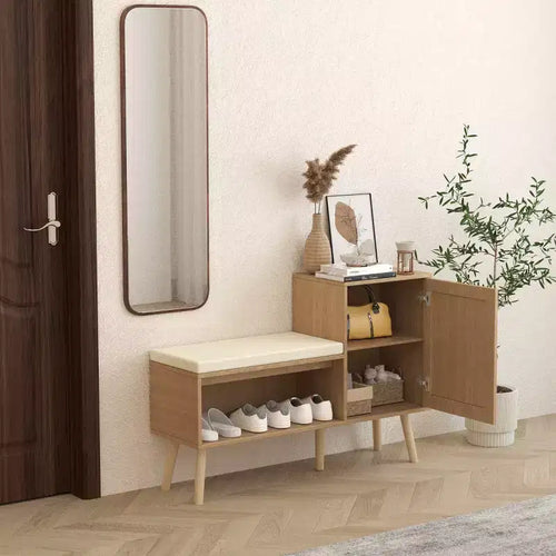 Banc de rangement à chaussures 2-en-1 moderne pour entrée avec meuble en rotin PP, 2 étagères réglables, coussin amovible pour petits espaces-Panipeachy