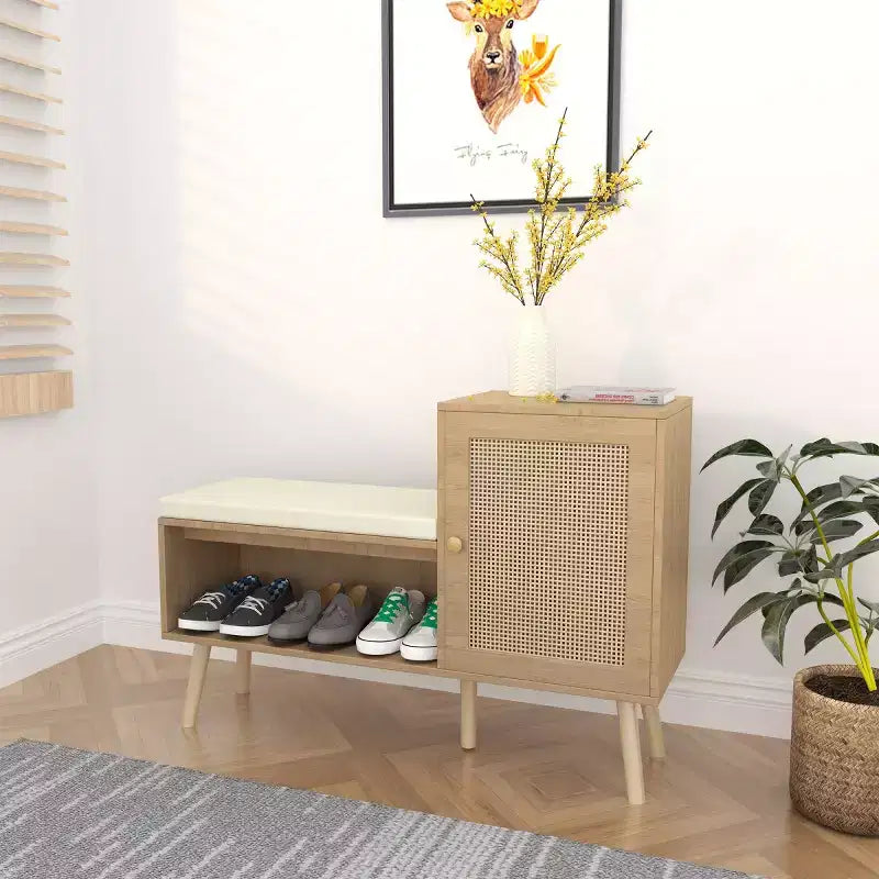 Banc de rangement à chaussures 2-en-1 moderne pour entrée avec meuble en rotin PP, 2 étagères réglables, coussin amovible pour petits espaces-Panipeachy