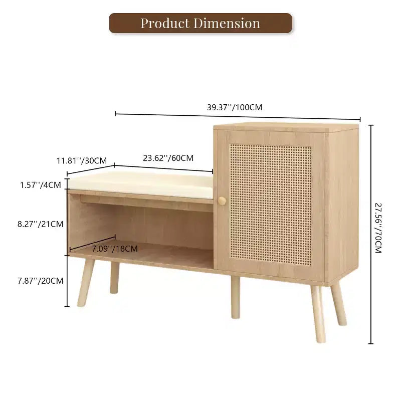 Banc de rangement à chaussures 2-en-1 moderne pour entrée avec meuble en rotin PP, 2 étagères réglables, coussin amovible pour petits espaces-Panipeachy