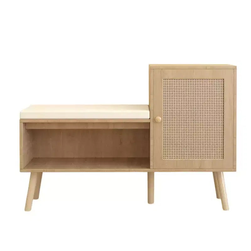 Banc de rangement à chaussures 2-en-1 moderne pour entrée avec meuble en rotin PP, 2 étagères réglables, coussin amovible pour petits espaces-Panipeachy