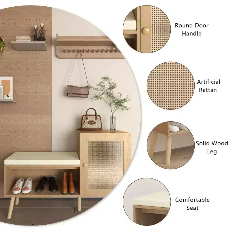 Banc de rangement à chaussures 2-en-1 moderne pour entrée avec meuble en rotin PP, 2 étagères réglables, coussin amovible pour petits espaces-Panipeachy