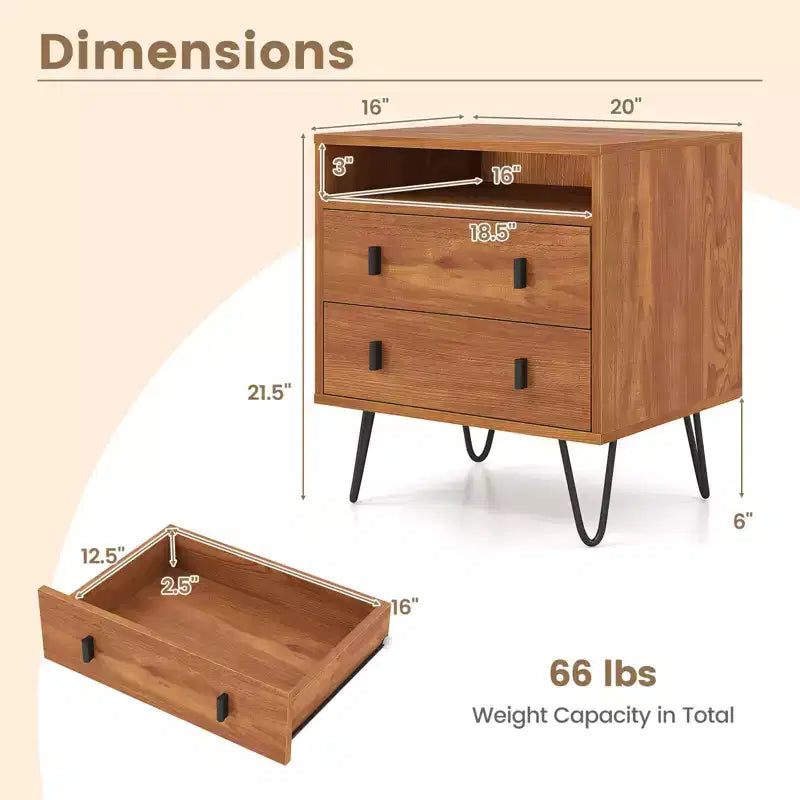 Costway Table de chevet 1/2 pièces à 2 tiroirs avec compartiment de rangement, pieds épingles en métal pour salon Noyer/Naturel