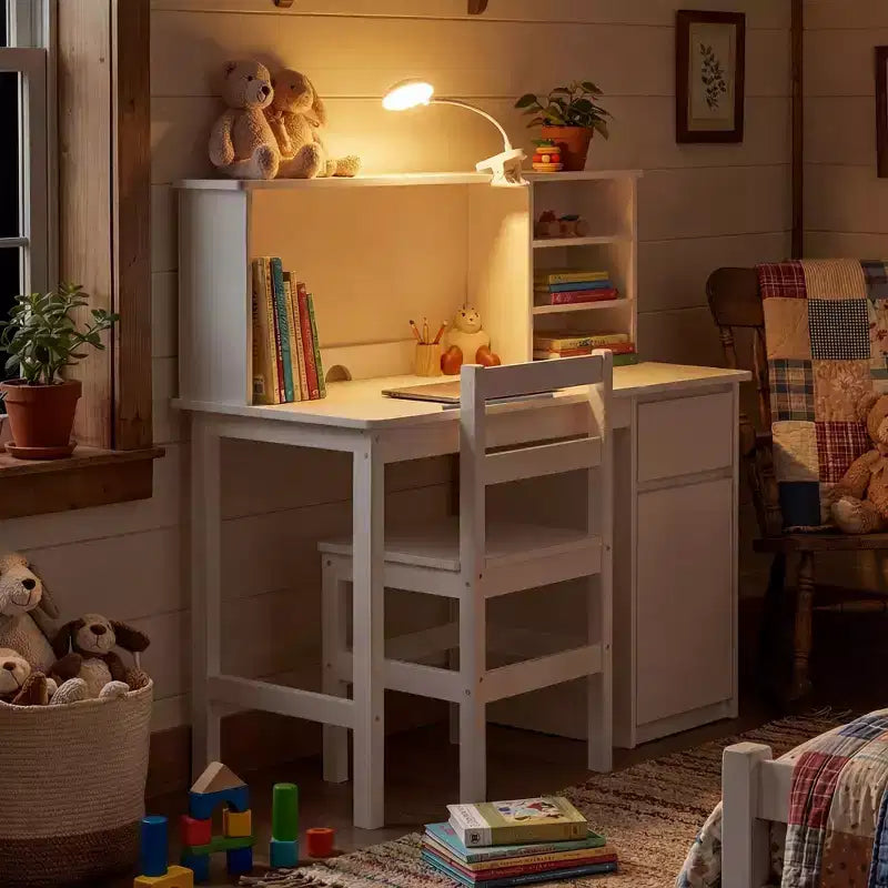 Ensemble bureau et chaise pour enfants Famapy en bois massif : Plateau inclinable réglable + Armoire intégrée + Lampe à pince – Station d'étude ergonomique pour enfants