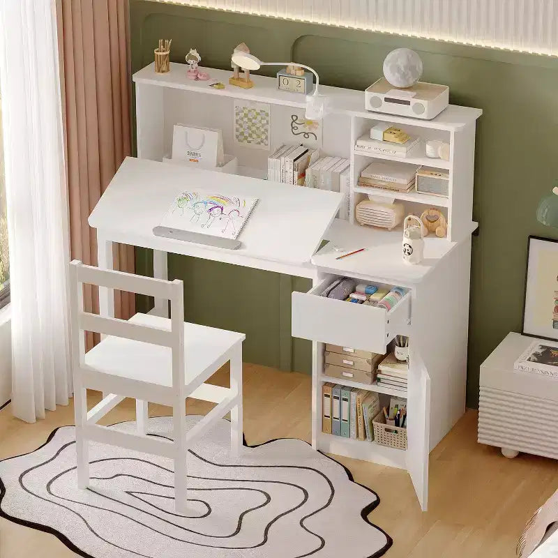 Ensemble bureau et chaise pour enfants Famapy en bois massif : Plateau inclinable réglable + Armoire intégrée + Lampe à pince – Station d'étude ergonomique pour enfants