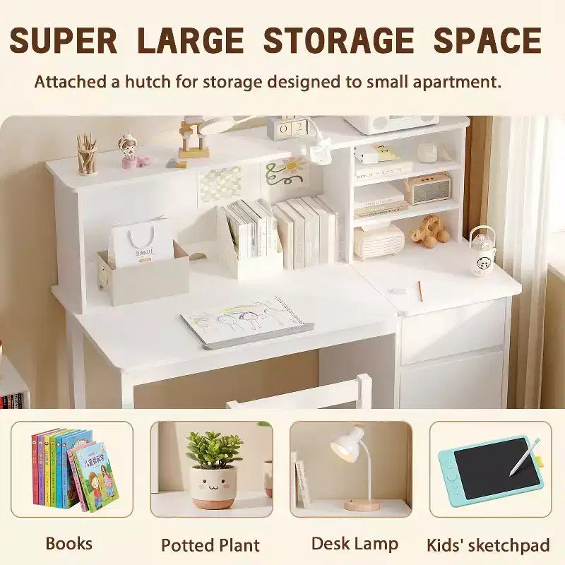Ensemble bureau et chaise pour enfants Famapy en bois massif : Plateau inclinable réglable + Armoire intégrée + Lampe à pince – Station d'étude ergonomique pour enfants
