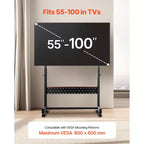 Meuble TV roulant VEVOR, Chariot TV mobile pour écrans de 55 à 100 pouces, Support de moniteur portable réglable en hauteur avec plateau, Supporte jusqu'à 93 kg, Noir