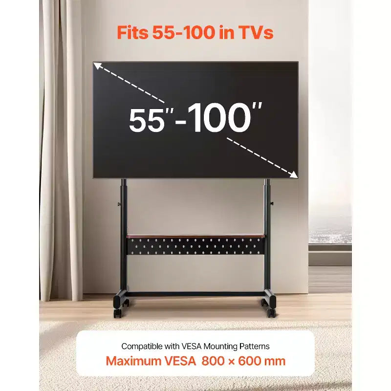 Meuble TV roulant VEVOR, Chariot TV mobile pour écrans de 55 à 100 pouces, Support de moniteur portable réglable en hauteur avec plateau, Supporte jusqu'à 93 kg, Noir