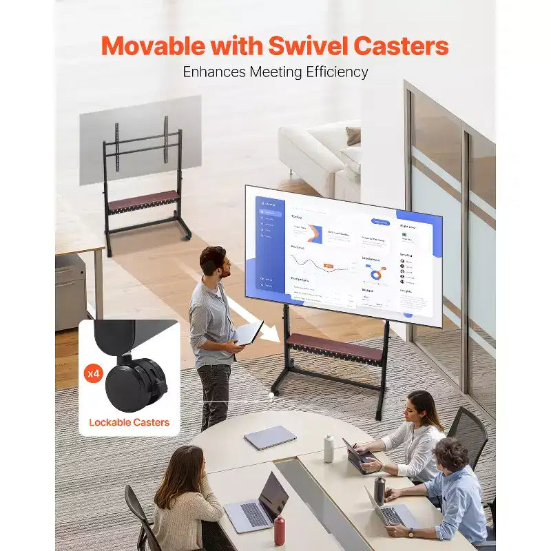 Meuble TV roulant VEVOR, Chariot TV mobile pour écrans de 55 à 100 pouces, Support de moniteur portable réglable en hauteur avec plateau, Supporte jusqu'à 93 kg, Noir