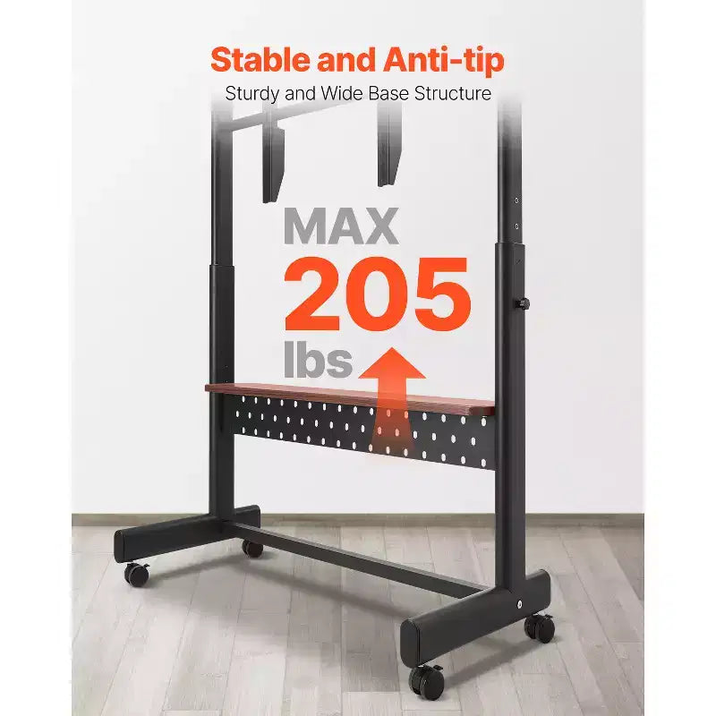 Meuble TV roulant VEVOR, Chariot TV mobile pour écrans de 55 à 100 pouces, Support de moniteur portable réglable en hauteur avec plateau, Supporte jusqu'à 93 kg, Noir